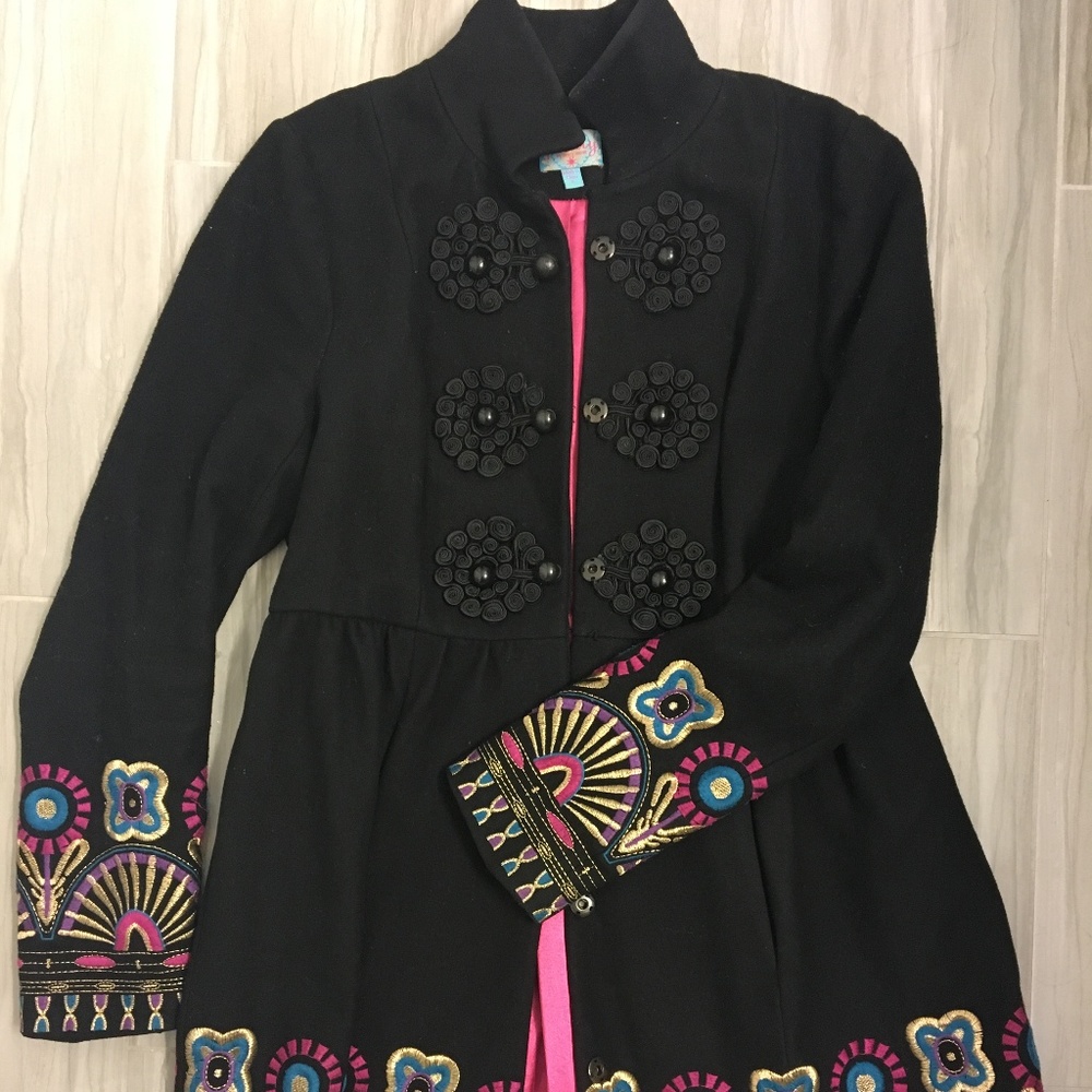 Anthropologie Embroidered Black Coat - Size 6